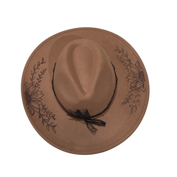 Upcycled Accessories - Handcrafted Brown Custom Wood Burned Sunflower Wide Brim Hat Lace Band